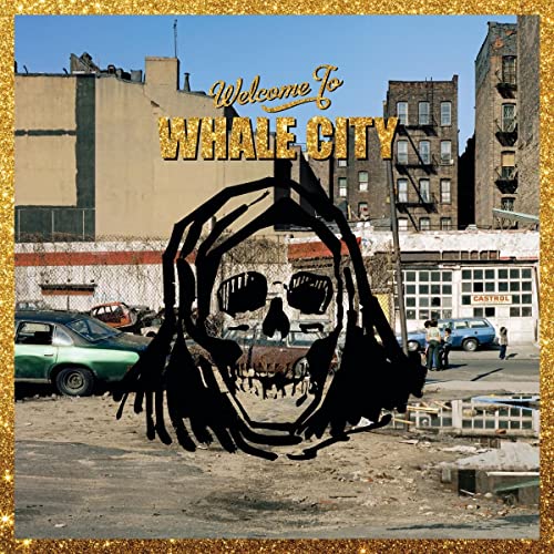 Black skull illustration over a city street scene with buildings and parked cars.