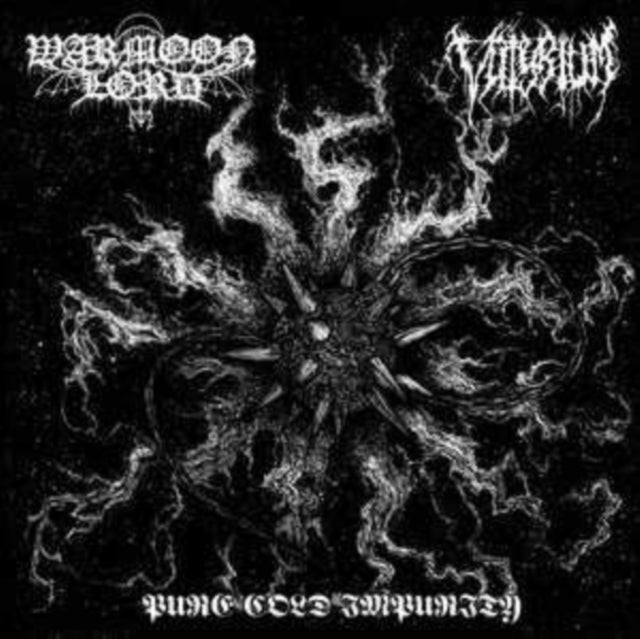 Black and white album cover featuring a spiky, swirling abstract entity with band logos.