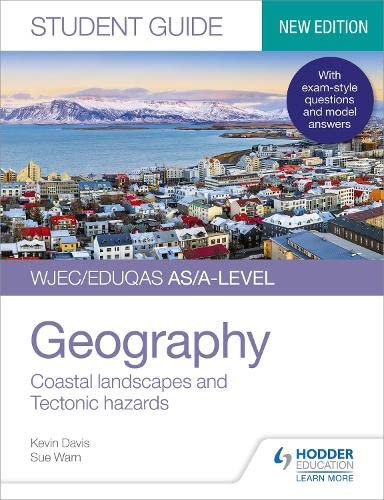 Geography student guide cover with coastal town and mountain background.