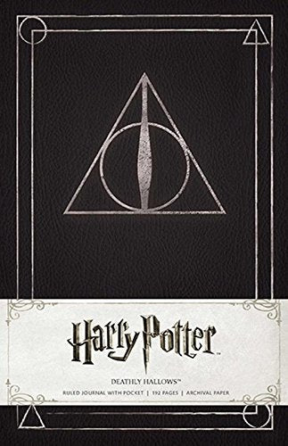 "Black journal cover with silver Deathly Hallows symbol and 'Harry Potter' title in ornate font."