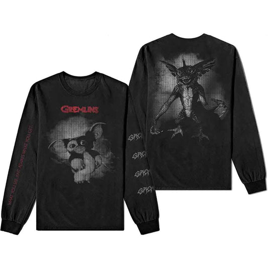 Black long sleeve t-shirt with Gremlins movie graphic on back and sleeve.