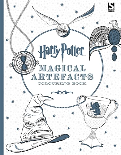 Harry Potter colouring book cover with Time-Turner, Sorting Hat, and Golden Snitch.