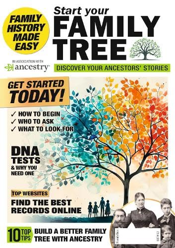 Magazine cover with a tree illustration and family photos, titled "Start Your Family Tree".