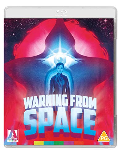 Blu-ray cover for "Warning From Space" featuring a man and glowing eye.