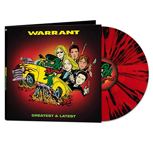 Warrant’s “Greatest & Latest” vinyl record with band portrait and red swirl pattern.