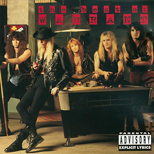 Warrant band members posing with a pool table, album cover art.