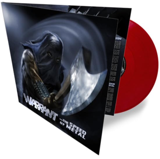 Warrant album cover and red vinyl record, dark fantasy illustration.
