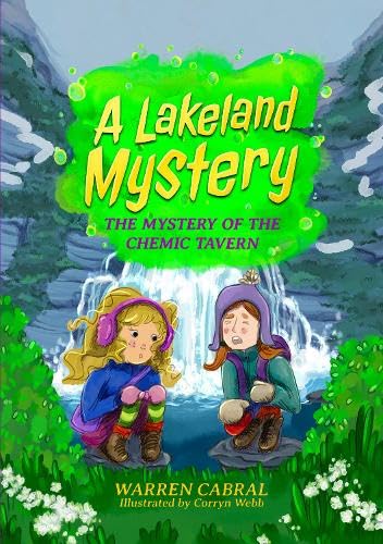Book cover: two children before a waterfall and green, bubbly background.