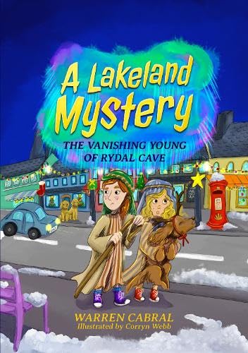 Book cover with two children, a dog, and a snowy village scene.