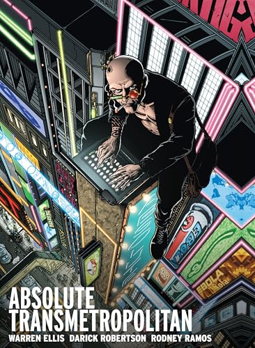 Comic book cover: bald man typing on a floating laptop in a city.