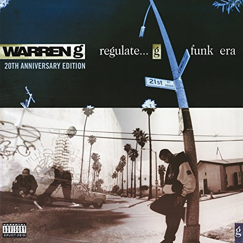 Warren G's "Regulate" CD cover with street scene and palm trees.