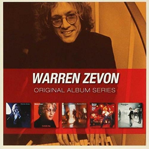 Warren Zevon's album cover featuring his photo and five smaller album covers below.