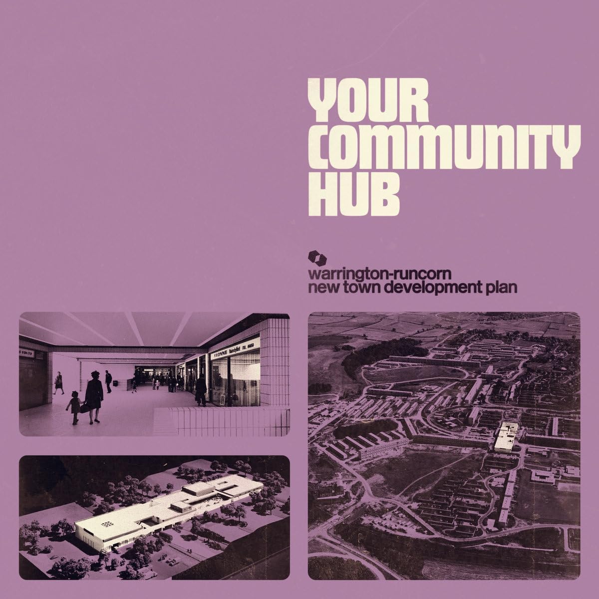 1970s architectural rendering of a new town development on purple vinyl.