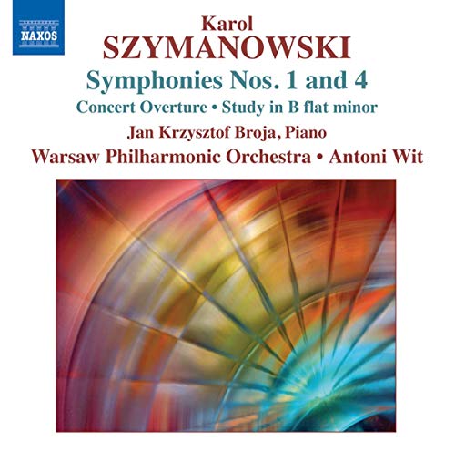 CD cover for Szymanowski symphonies with abstract red and blue swirls.