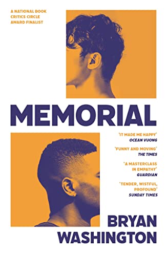 Book cover for Memorial by Bryan Washington featuring two profile portraits in purple and orange.