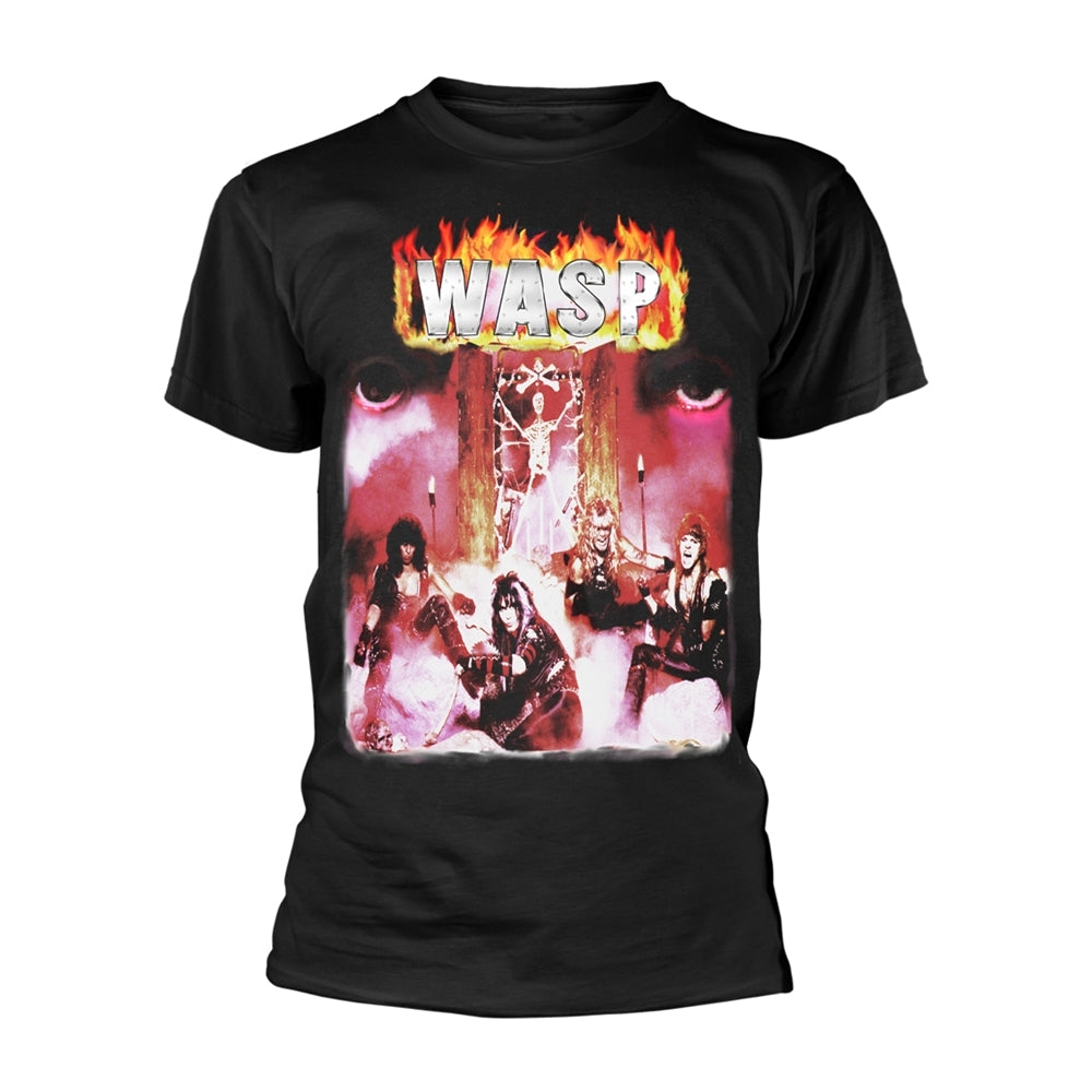 Black t-shirt with a colorful, fiery graphic of the band WASP.