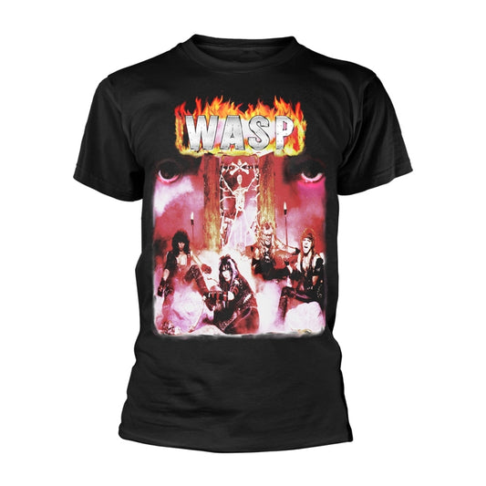 Black t-shirt with a colorful, fiery graphic of the band WASP.
