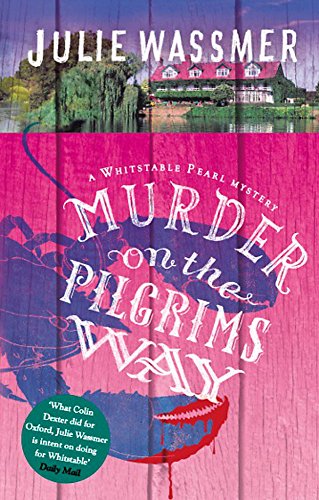 Book cover: pink background, large title “Murder on the Pilgrims Way”, house image.