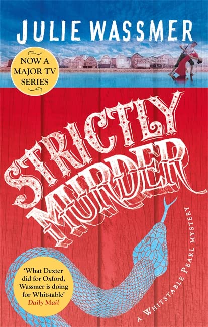 Book cover: red woodgrain background, bold title "Strictly Murder," snake illustration.