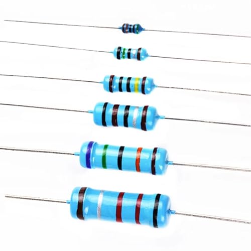 Six blue resistors with colored bands on white background.
