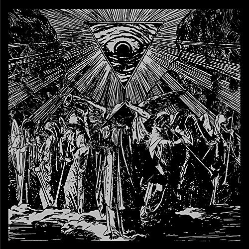 Black and white illustration of figures raising instruments toward an eye in a triangle.