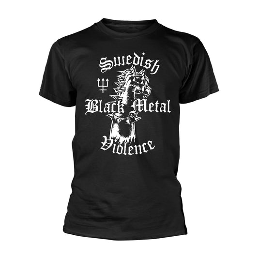 Black t-shirt with white graphic of a horned skull and text.