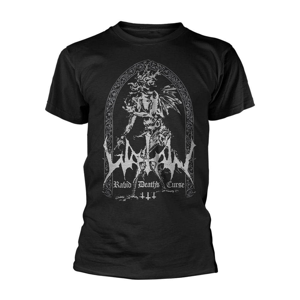 Black t-shirt with ornate white illustration and band name "Watain.