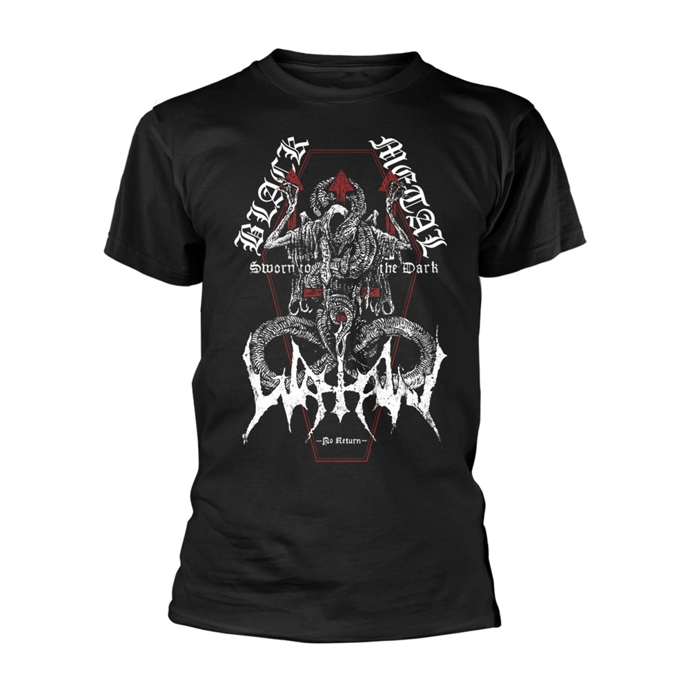 Black t-shirt with ornate, gothic text and a demonic illustration.