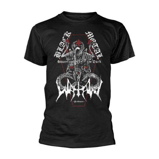 Black t-shirt with ornate, gothic text and a demonic illustration.