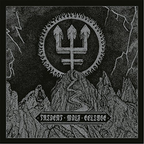 "Black and white album cover with trident symbol and mountain landscape."