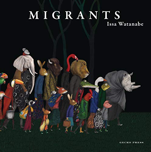 A group of anthropomorphic animals dressed in clothing walking together against a black background.