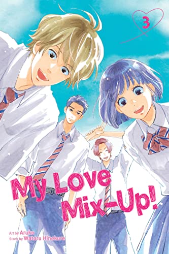 Four manga characters in school uniforms look down against a bright blue sky background.