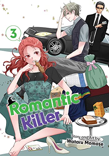 Manga cover featuring a red-haired girl, two men, a car, and food items.
