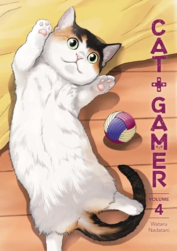 A calico cat lies on a wooden floor next to a yarn ball, book cover.