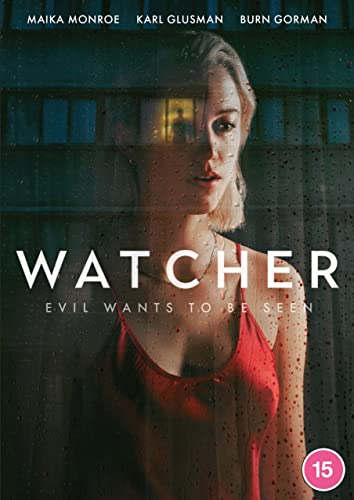 DVD cover for "Watcher" featuring a woman in a red dress.