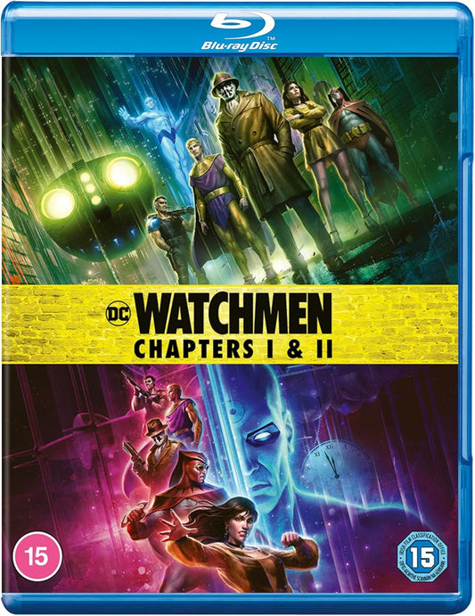 Watchmen Blu-ray cover featuring characters and a doomsday clock image.