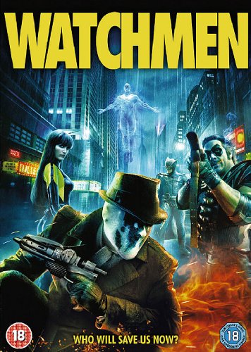 "Watchmen DVD cover featuring masked characters in a cityscape with flames and a ghostly figure."