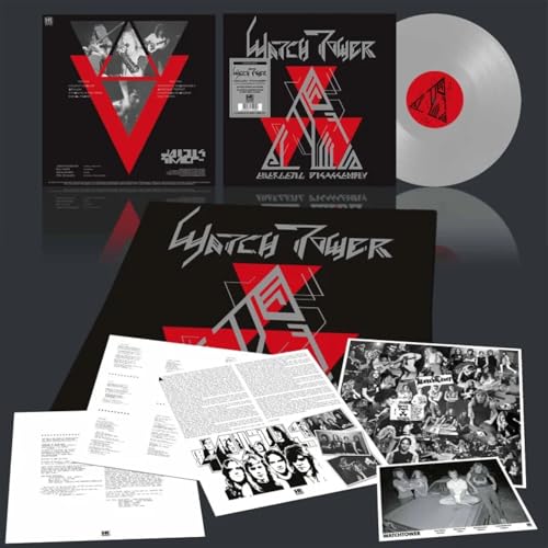 Vinyl record, album cover, and insert sheets with red and black geometric designs.