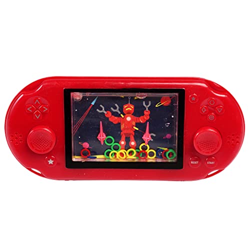 Red handheld water game featuring a robot and colorful rings.