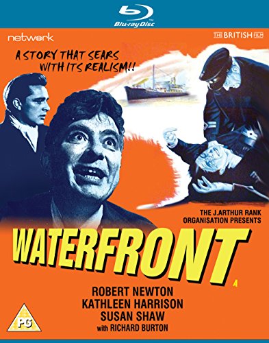 Blu-ray cover for the film Waterfront featuring actors, a ship, and dramatic orange background.