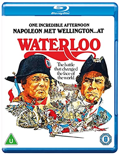 Blu-ray cover for Waterloo featuring Napoleon and Wellington over a busy battlefield scene.