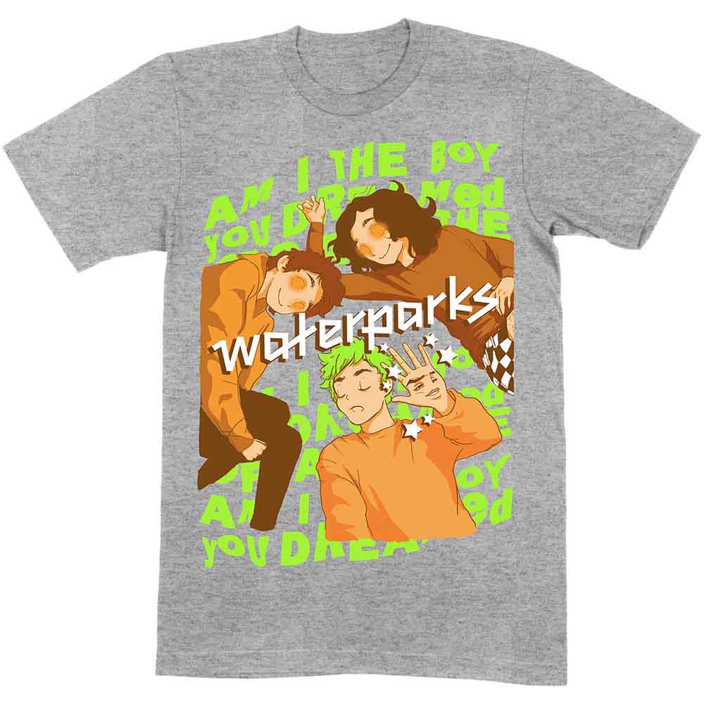 Grey t-shirt with colorful Waterparks band graphic worn by a man.
