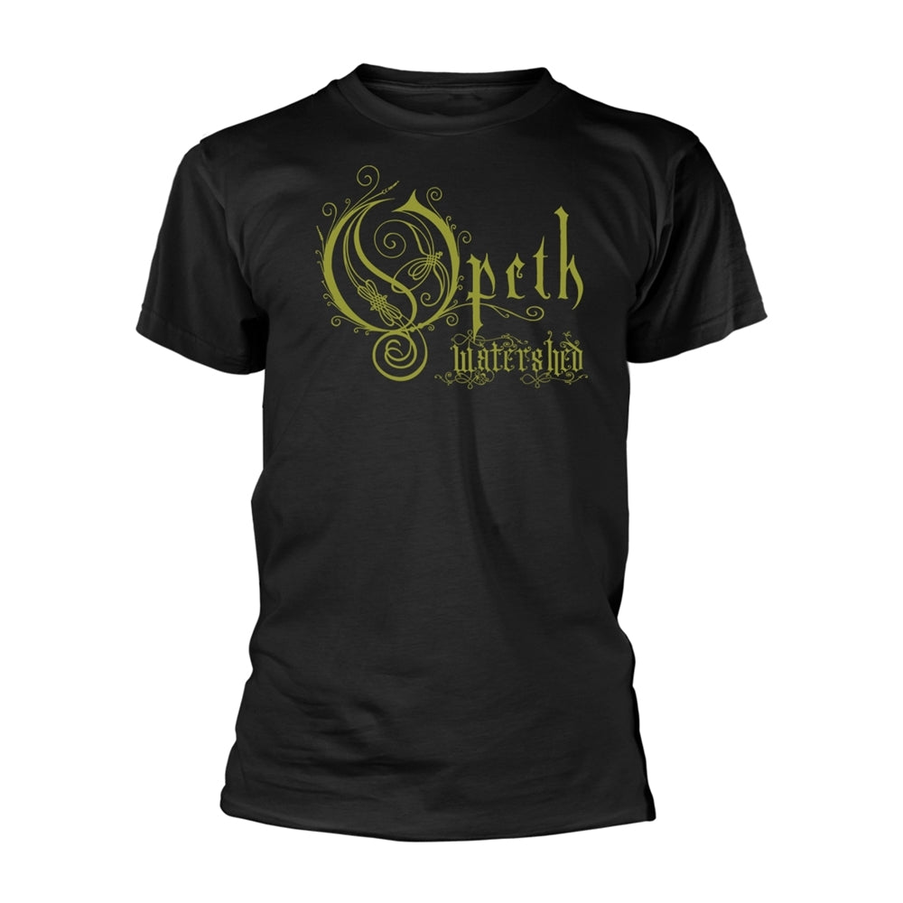 Black t-shirt with gold and green ornate Opeth "Watershed" design.