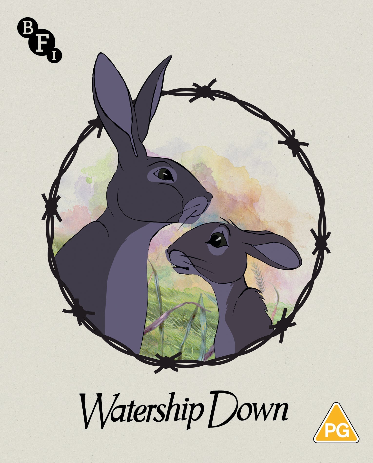 Two dark rabbits inside a barbed wire circle with watercolor grass and sky background.
