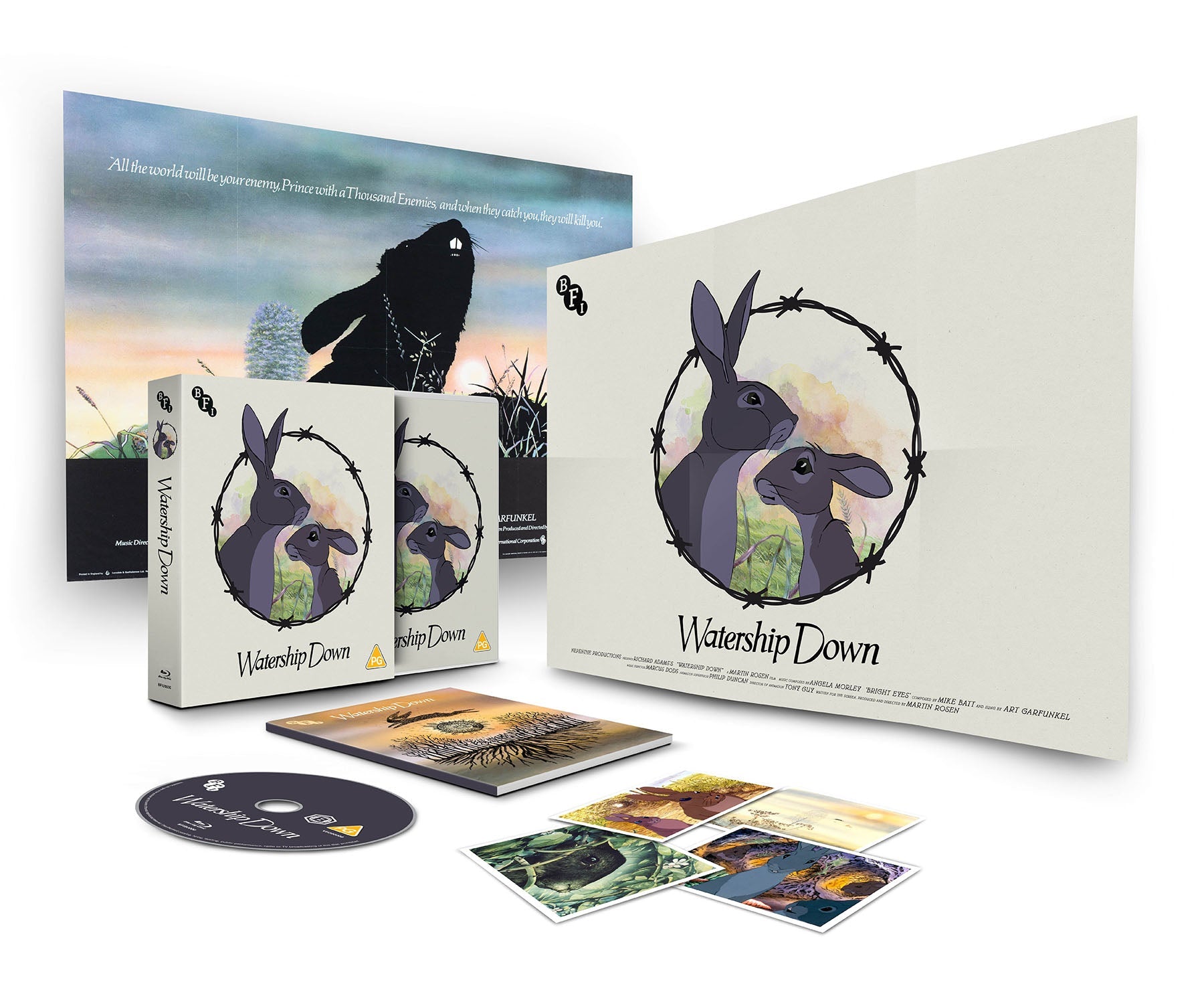 “Watership Down” Blu-ray packaging featuring rabbits against a painted landscape.