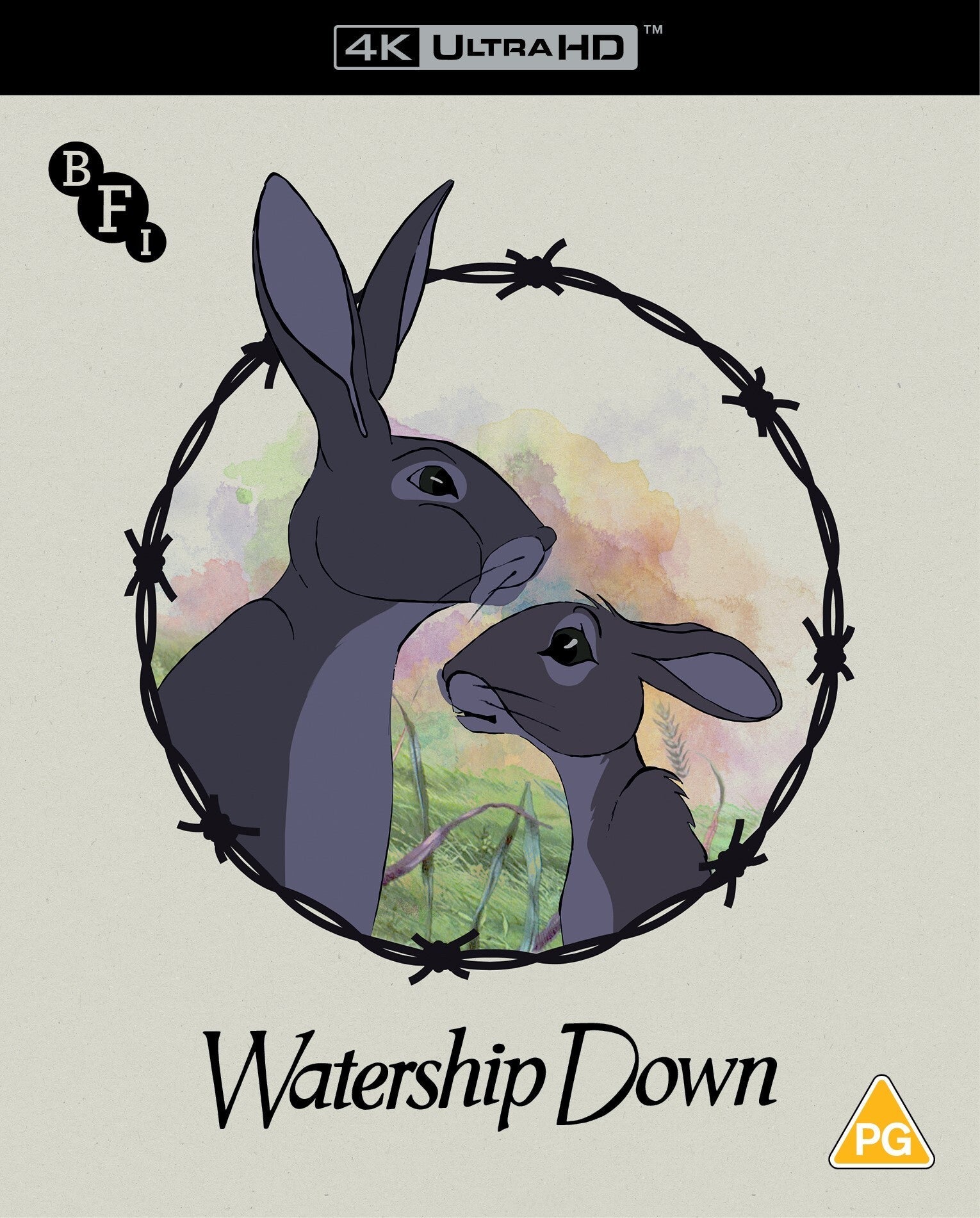 Two rabbits surrounded by barbed wire on a beige background with grass behind.