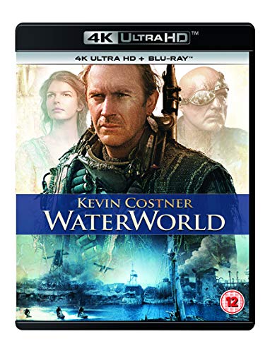 Waterworld 4K Blu-ray cover featuring Kevin Costner and a flooded seascape.
