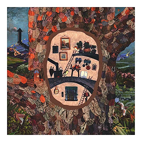 Collage art of a tree trunk with a hollow interior containing a cozy room.