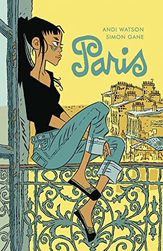 Comic book cover: young woman looking out a window in Paris.