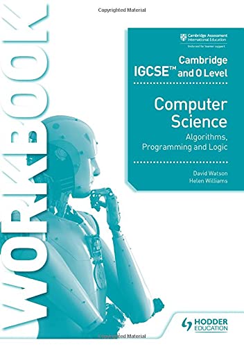 Textbook cover featuring a robot illustration, titled Computer Science Algorithms, Programming and Logic Workbook.